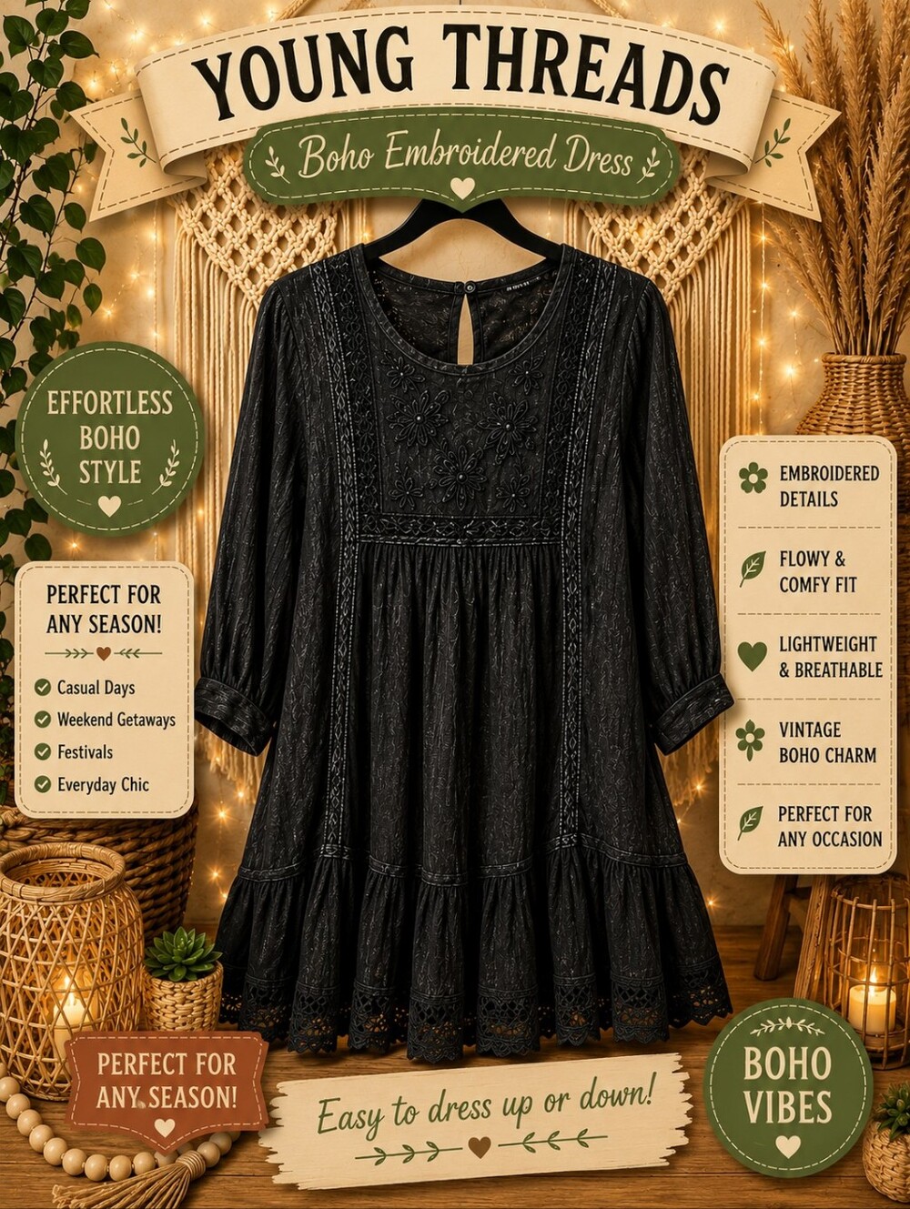 186 Young Threads Black Boho Embroidered Midi Dress